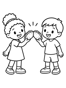 Two smiling kids clinking tacos together on this taco coloring page.
