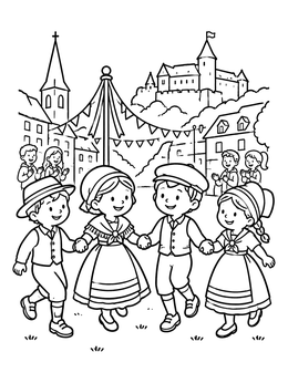 Free printable Children Dancing In Luxembourg Village coloring page