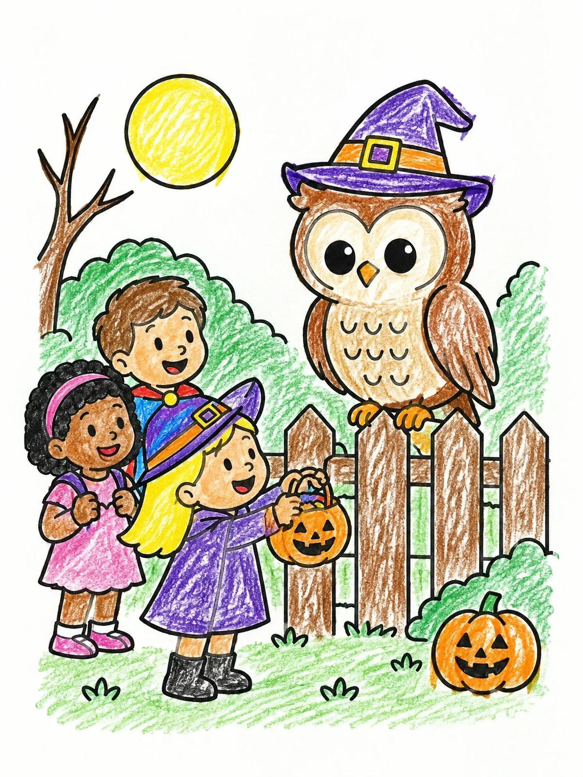 Colored example of the Children Trick Or Treating With Owl coloring page