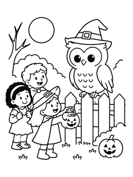 Free printable Children Trick Or Treating With Owl coloring page