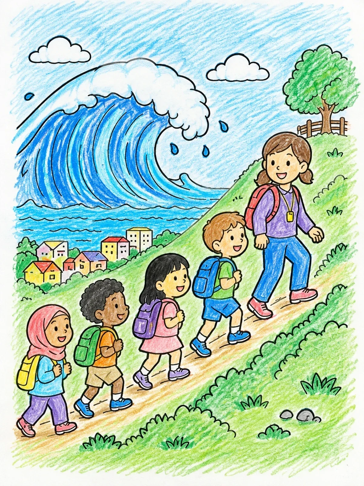 Colored example of the Children Tsunami Evacuation Drill coloring page