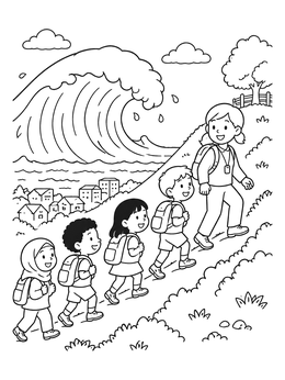 Free printable Children Tsunami Evacuation Drill coloring page