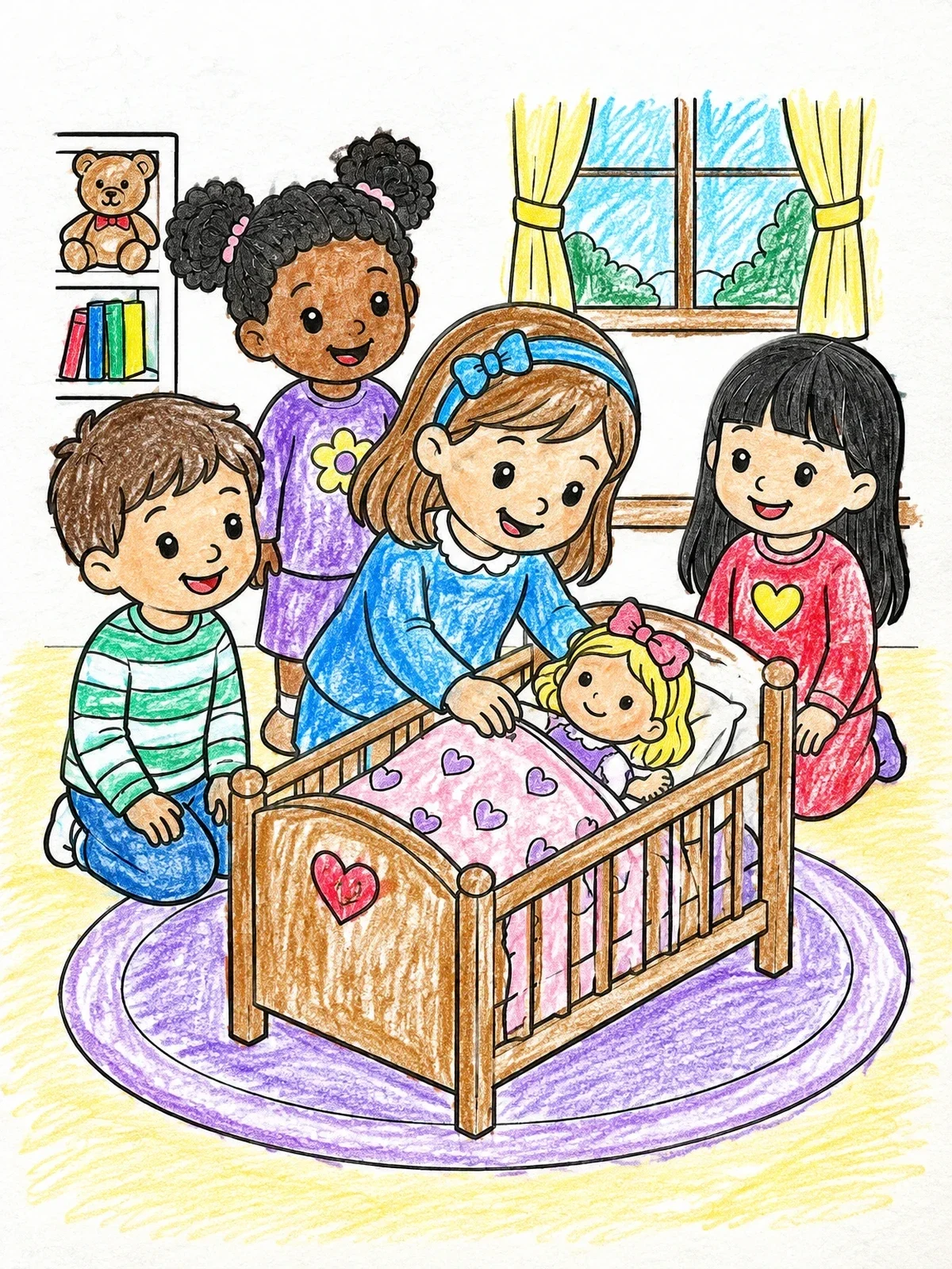 Colored example of the Children Putting Baby Doll To Bed coloring page