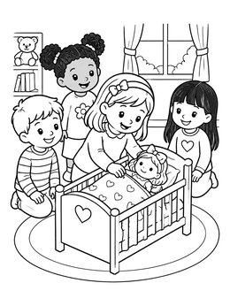 Free printable Children Putting Baby Doll To Bed coloring page