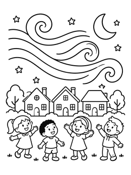 Free printable Children Under The Swirling Night Sky coloring page