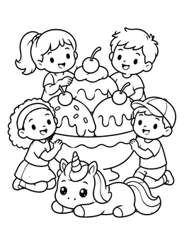 Free printable Children And Unicorn With Giant Ice Cream coloring page