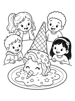A cheerful unicorn ice cream coloring page showing four happy children watching a melted cone treat.