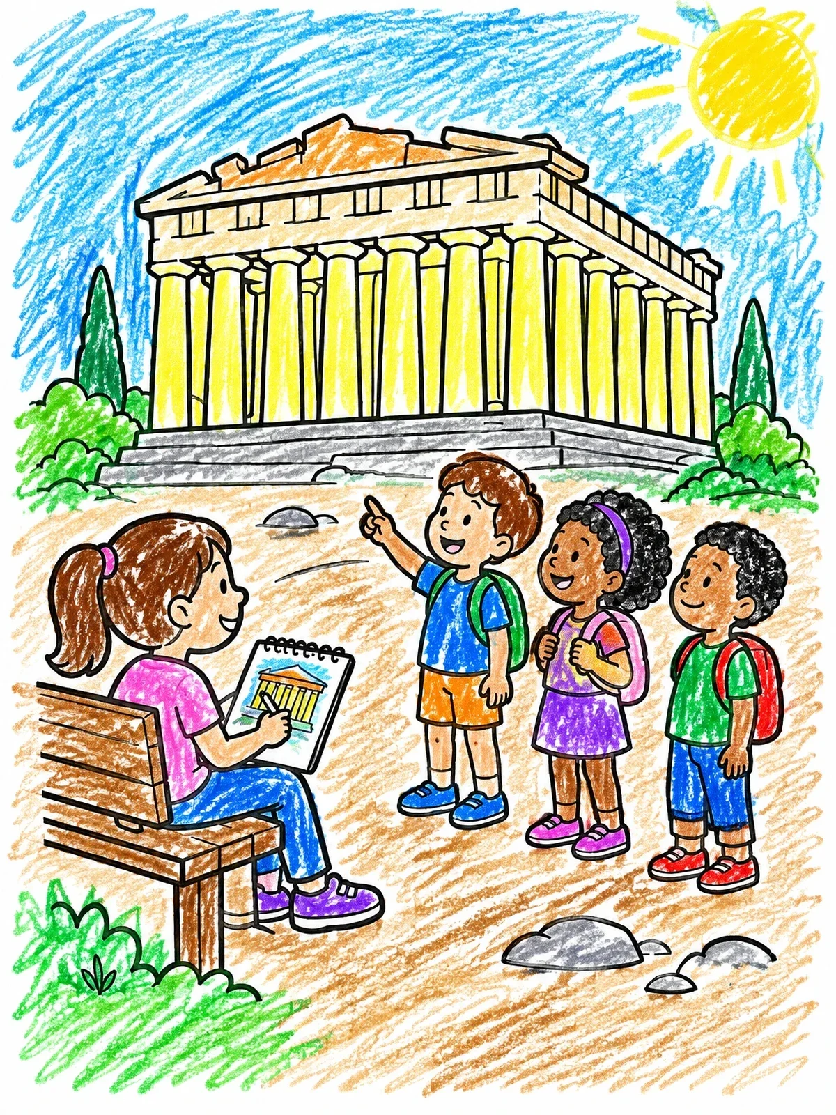 Colored example of the Children Visiting The Parthenon Temple coloring page