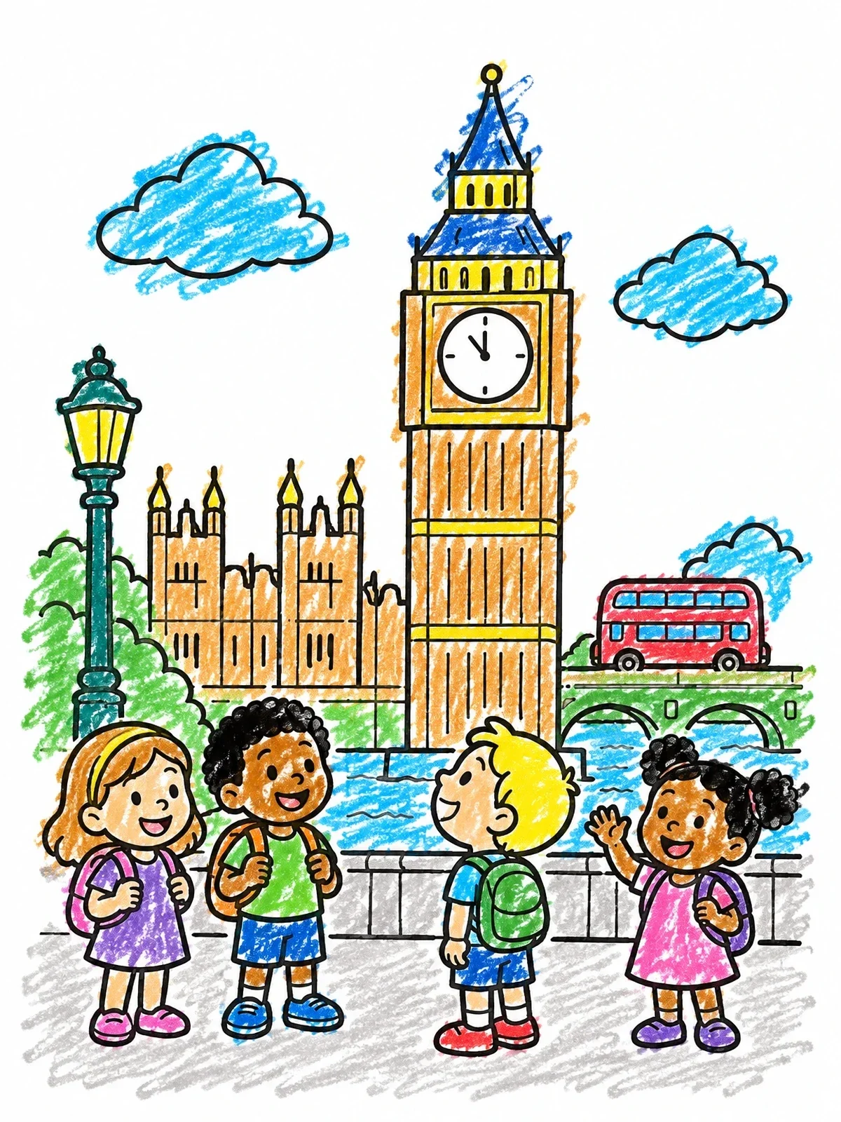 Colored example of the Children Visiting Big Ben In London coloring page