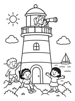 Free printable Children Visiting A Coastal Lighthouse coloring page