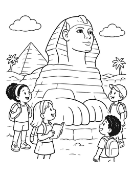 Kids on an adventure in this sphinx coloring page with a pyramid background.