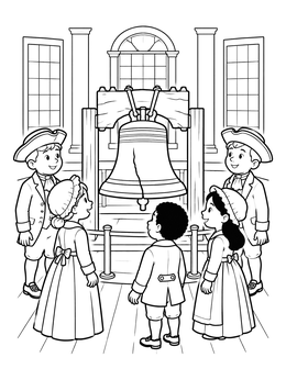Colonial kids admire a historical cracked bell coloring page in a grand hall.