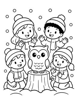 Happy children surround a small owl on this winter animals coloring page.