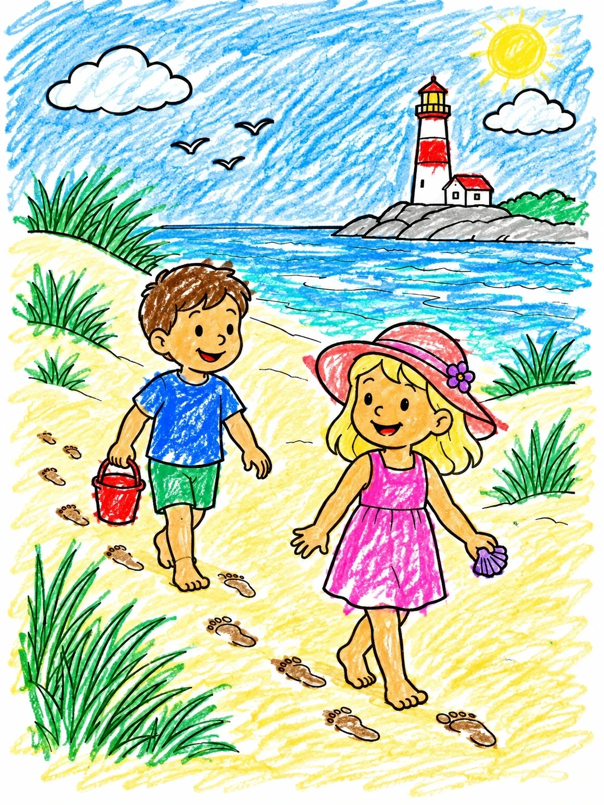Colored example of the Children Walking On Lighthouse Beach coloring page