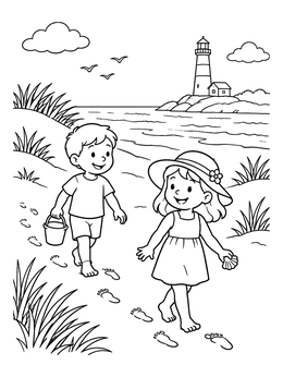Free printable Children Walking On Lighthouse Beach coloring page