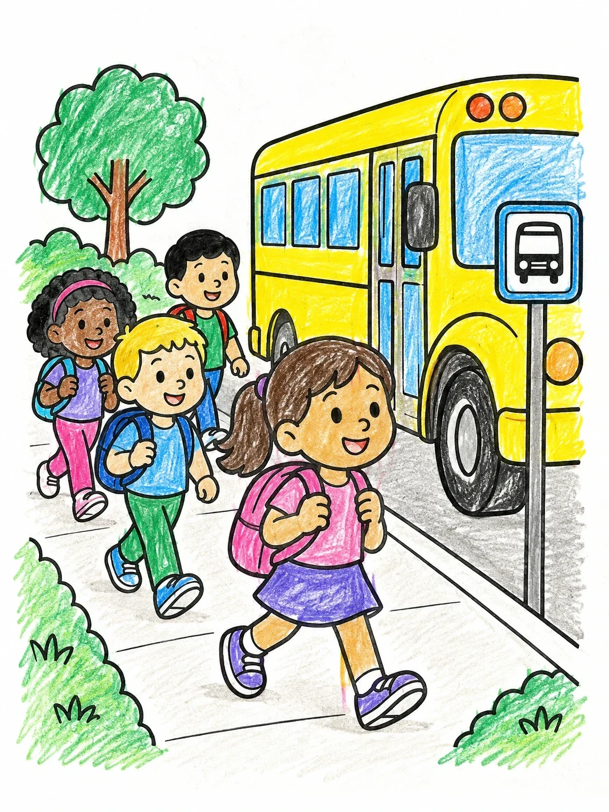 Colored example of the Children Walking To School Bus coloring page