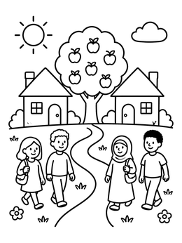 Free printable Children Walking In Village coloring page