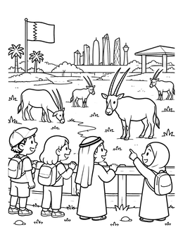 Free printable Children Watching Arabian Oryx In Qatar coloring page
