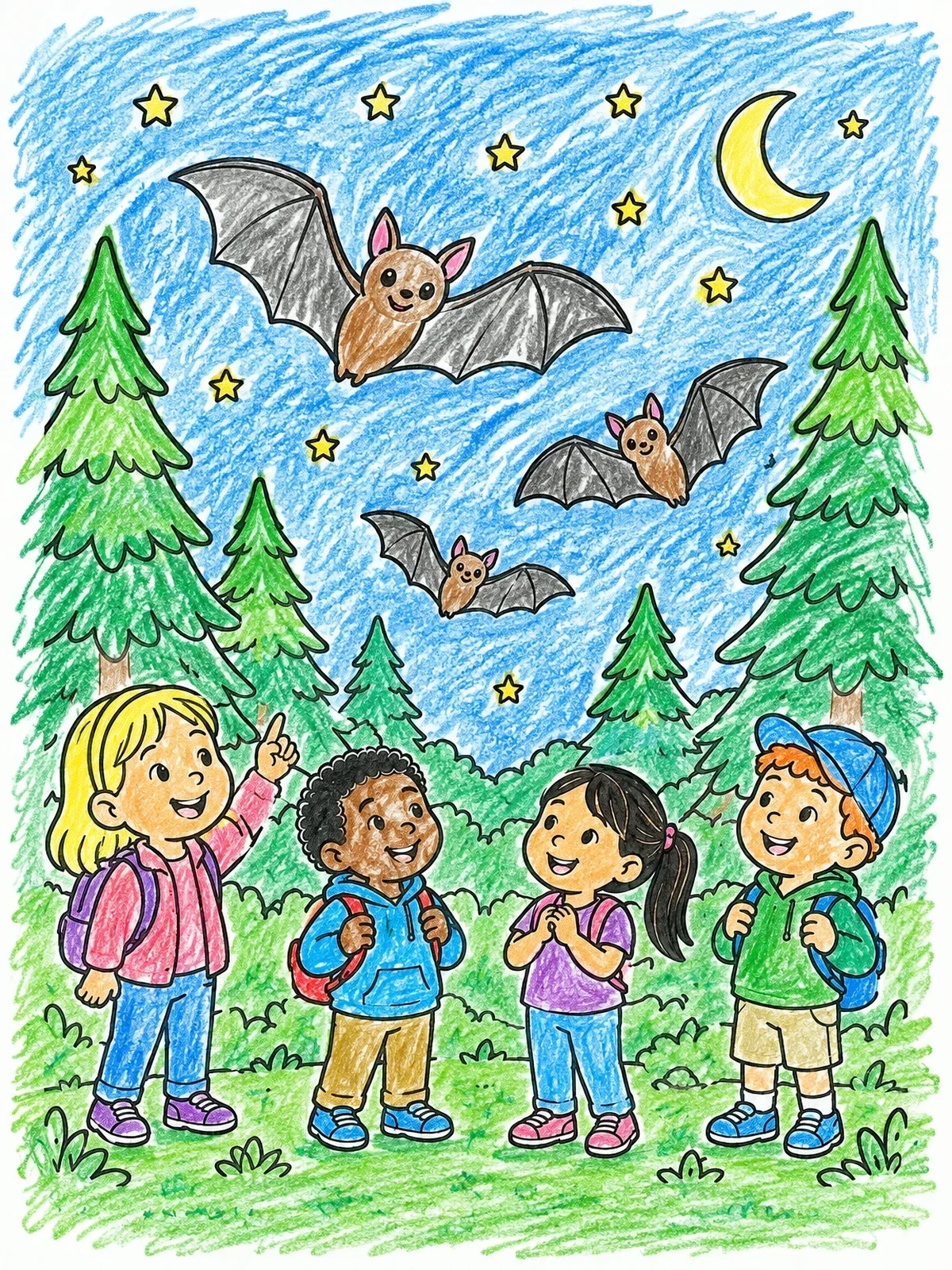 Colored example of the Children Watching Bats At Night coloring page
