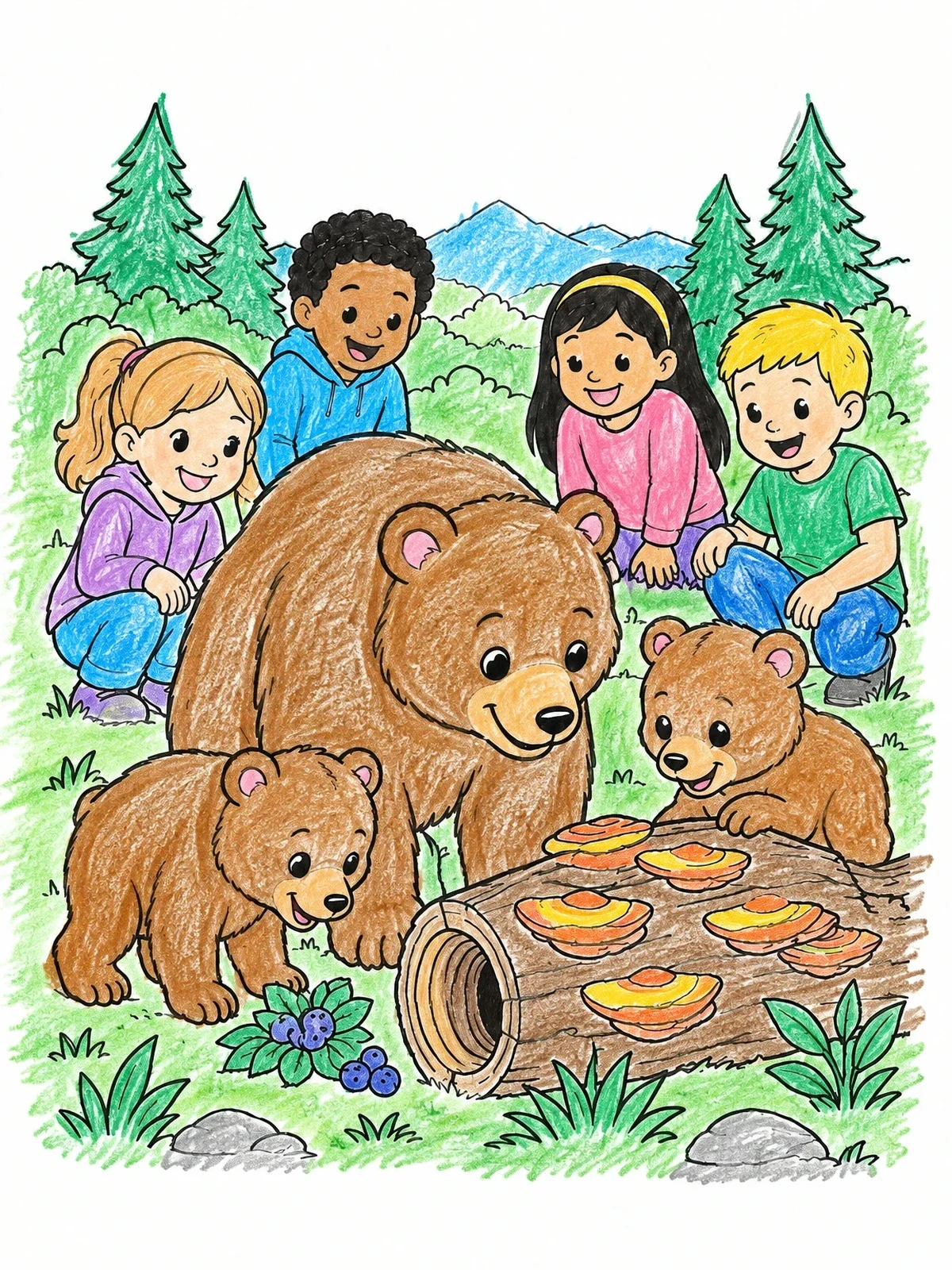 Colored example of the Children Watching Bears In The Woods coloring page