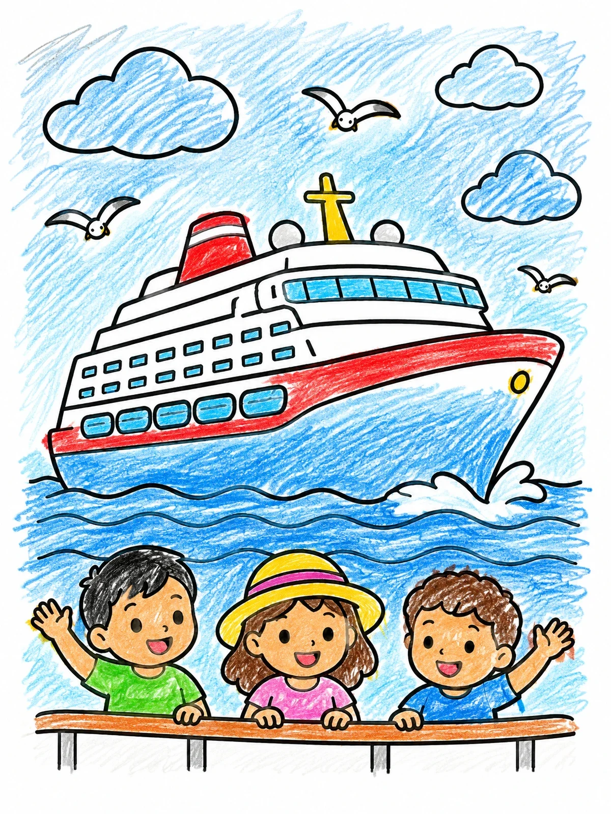 Colored example of the Children Watching A Cruise Ship coloring page