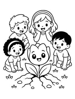 Free printable Children Admiring A Sprouting Flower coloring page