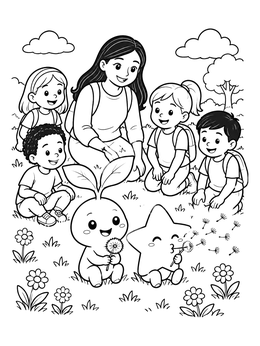 Free printable Children Watching Cute Sprout And Star coloring page