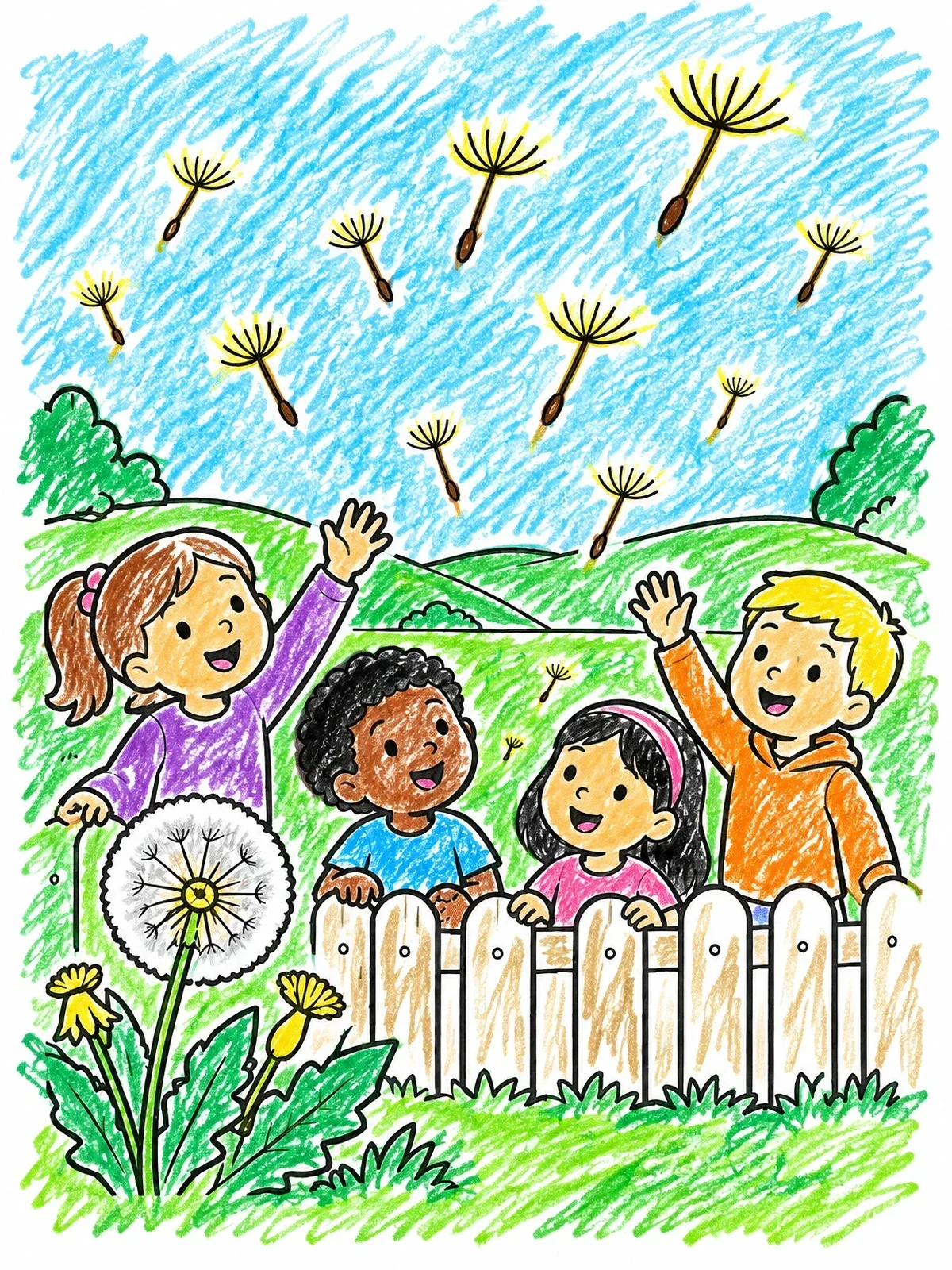 Colored example of the Children Watching Dandelion Seeds Fly coloring page