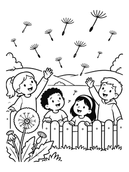 Free printable Children Watching Dandelion Seeds Fly coloring page