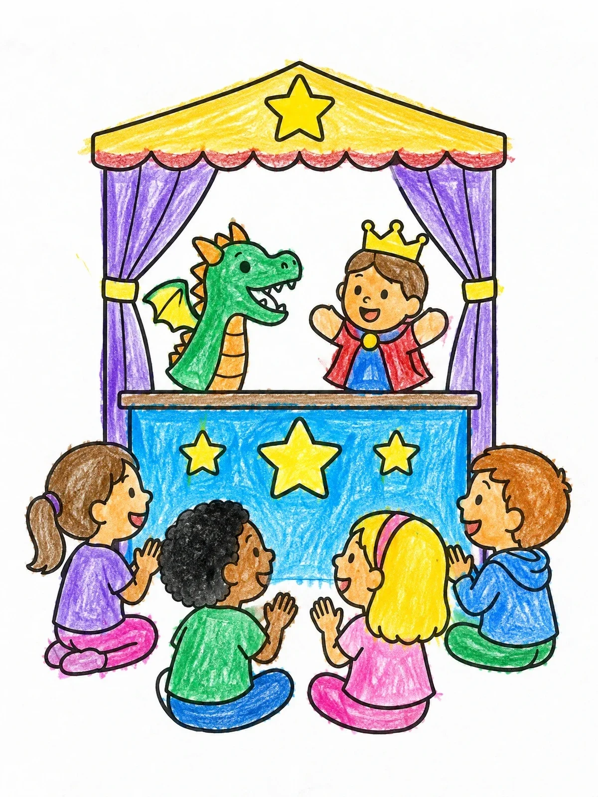 Colored example of the Children Watching Dragon Puppet Show coloring page