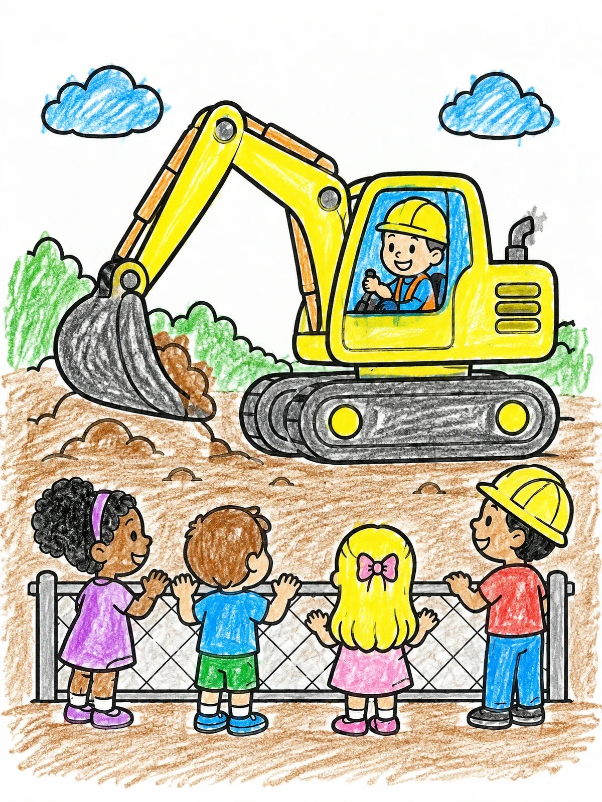 Colored example of the Children Watching An Excavator At Work coloring page