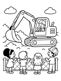Free printable Children Watching An Excavator At Work coloring page