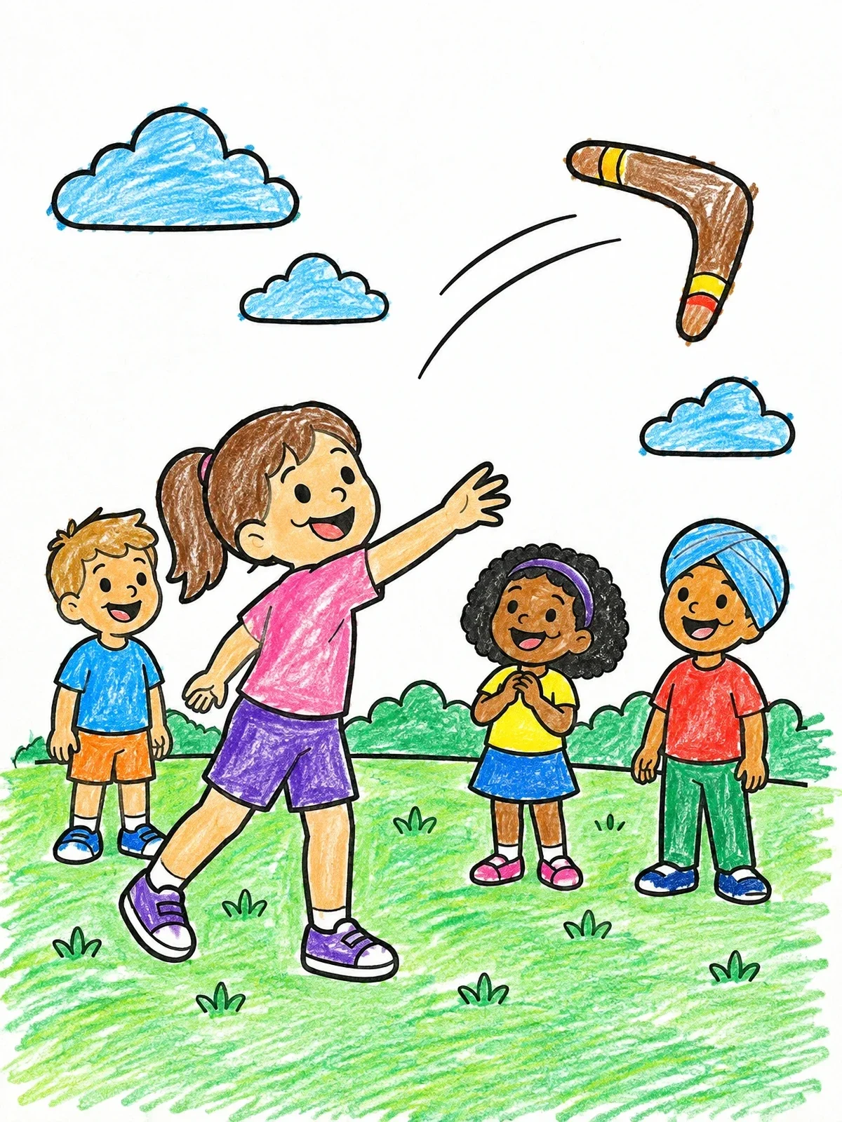 Colored example of the Children Watching Flying Boomerang Outdoors coloring page