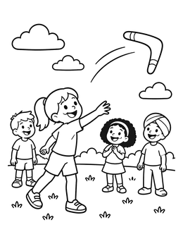 Free printable Children Watching Flying Boomerang Outdoors coloring page