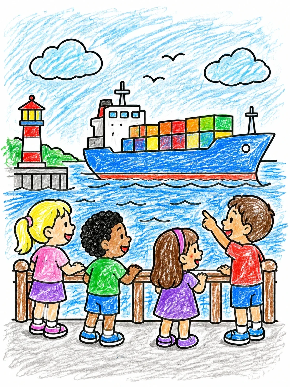 Colored example of the Children Watching A Cargo Ship coloring page
