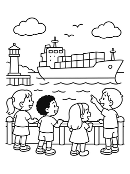 Free printable Children Watching A Cargo Ship coloring page
