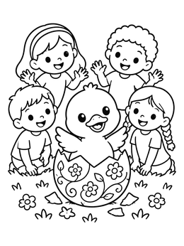 Happy children surround a cute easter duck coloring page with a patterned eggshell.