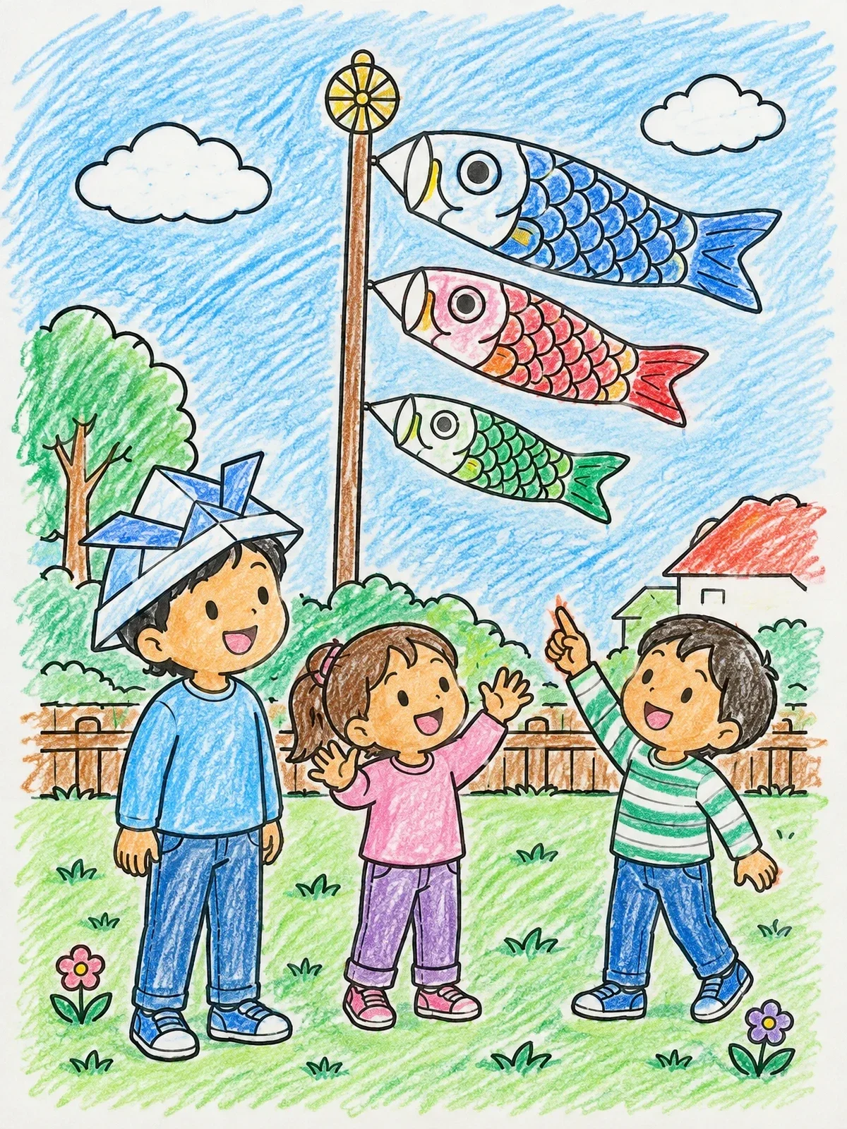 Colored example of the Children Watching Flying Carp Streamers coloring page