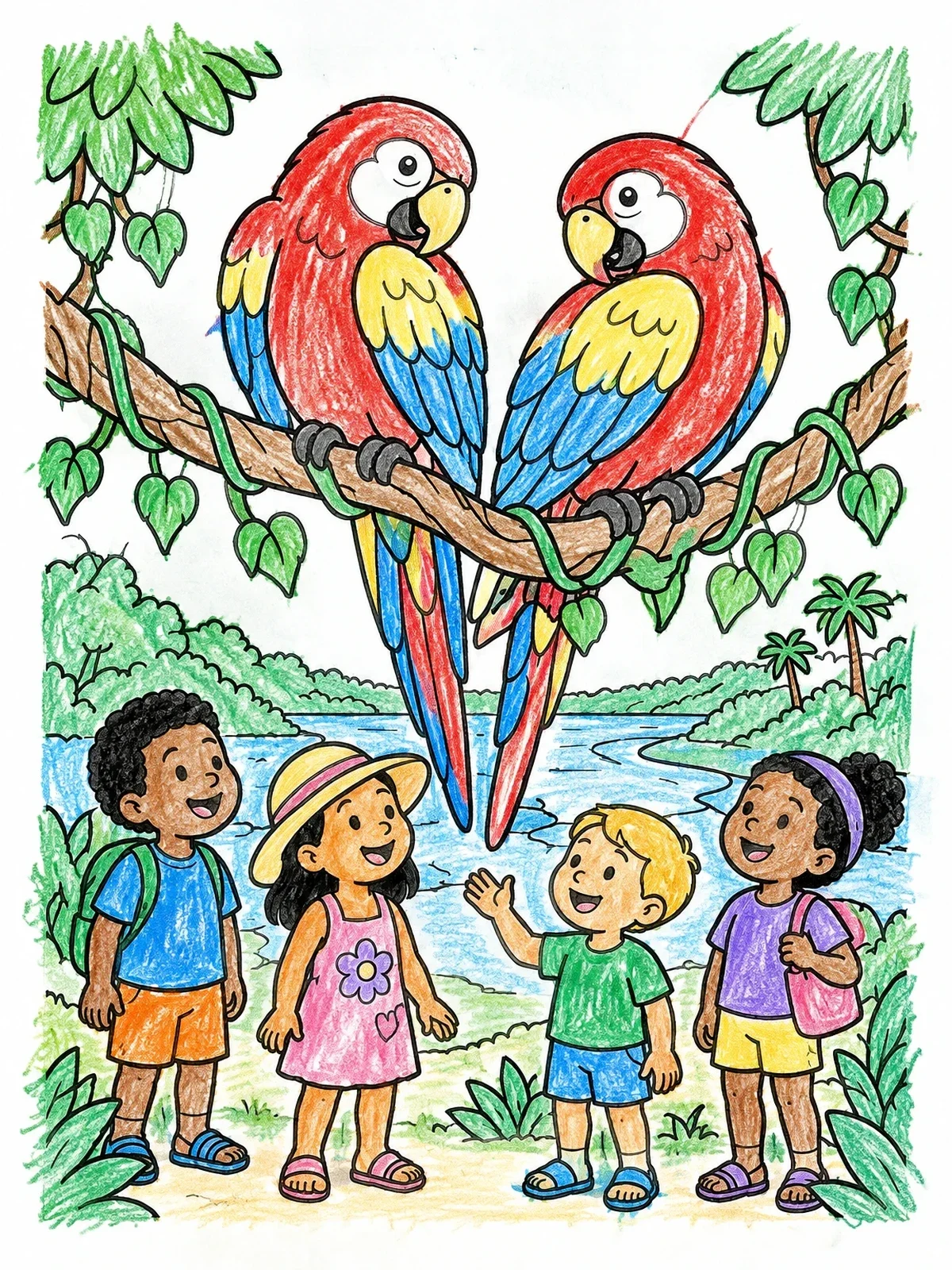 Colored example of the Children Watching Macaws On A Branch coloring page