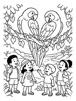 Free printable Children Watching Macaws On A Branch coloring page