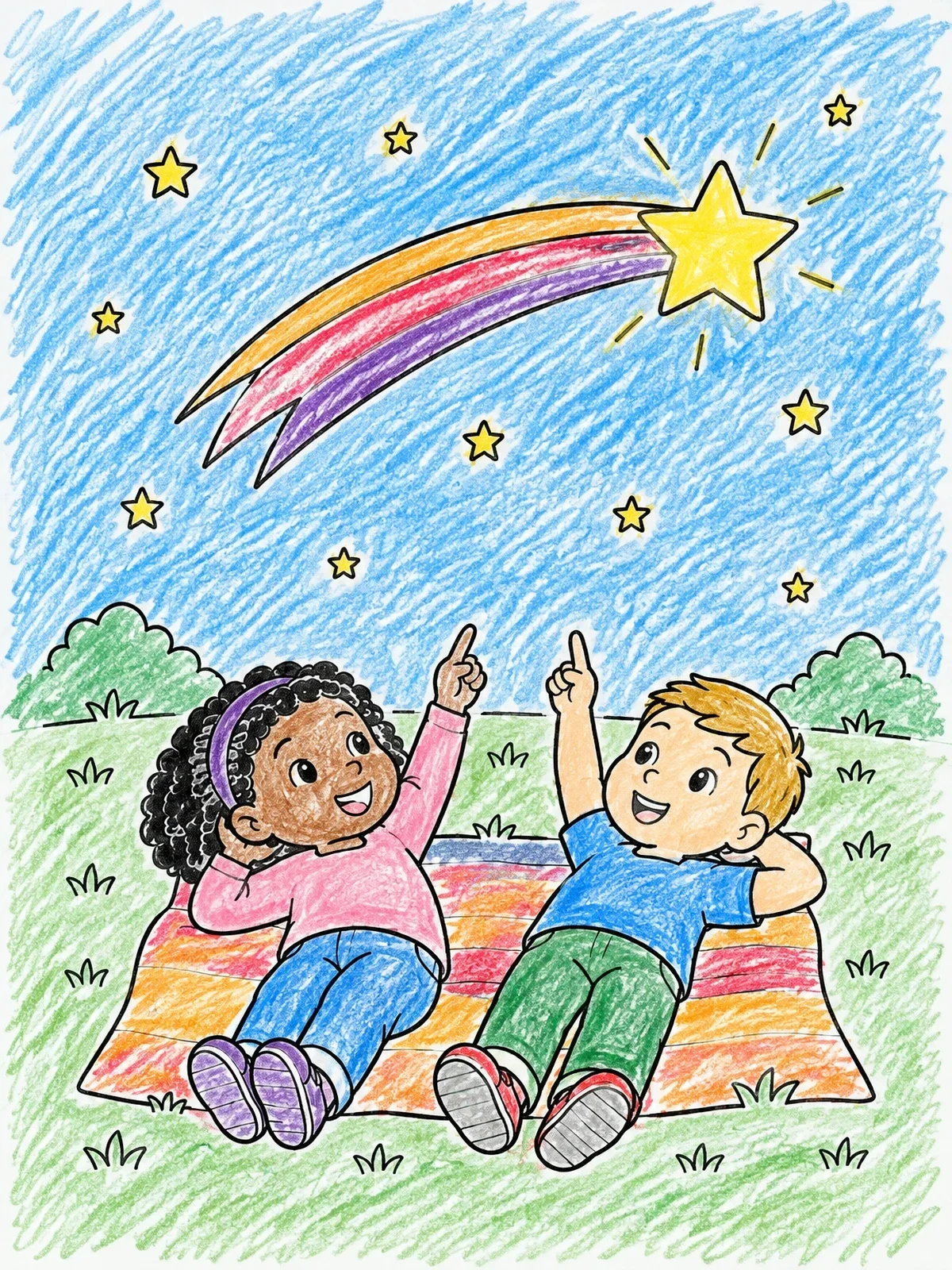 Colored example of the Children Watching A Shooting Star coloring page