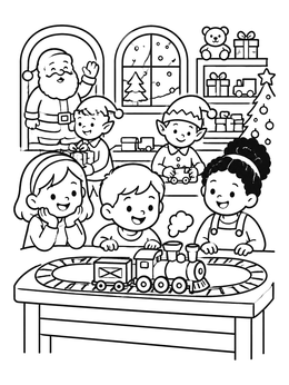 A santas workshop coloring page showing excited kids watching a toy train with Santa waving.