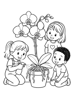 Free printable Children Watering A Blooming Orchid coloring page