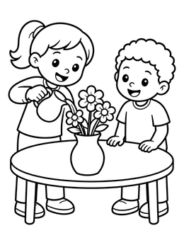 Free printable Children Watering Flowers In A Vase coloring page