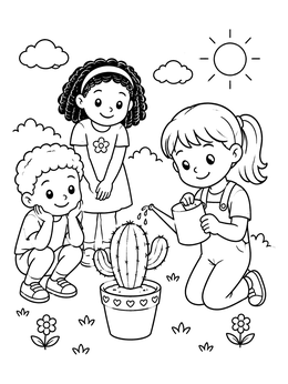 Free printable Children Watering A Potted Cactus Outdoors coloring page