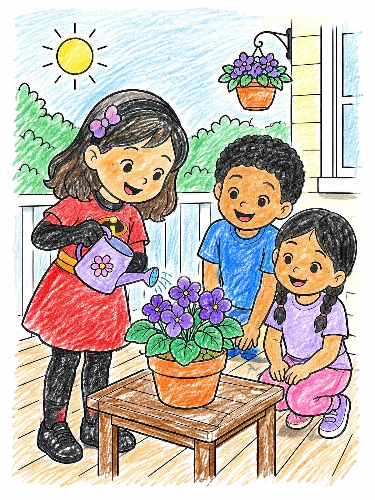 Colored example of the Children Watering A Violet On Porch coloring page