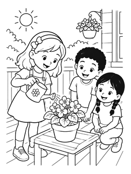 Free printable Children Watering A Violet On Porch coloring page