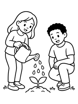 Free printable Children Watering A Spring Sprout coloring page