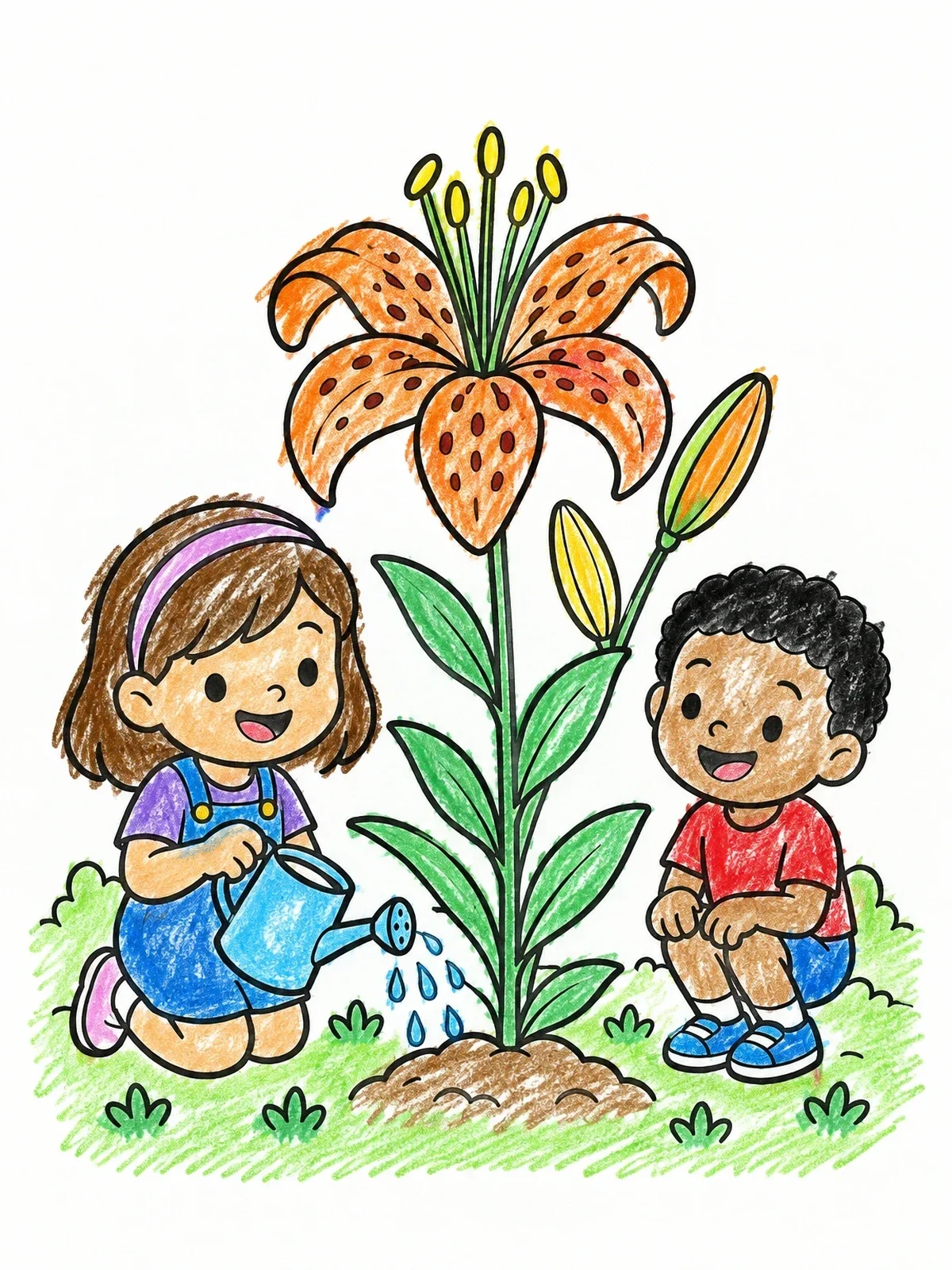 Colored example of the Children Watering A Tall Tiger Lily coloring page