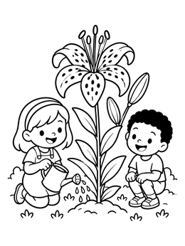 Free printable Children Watering A Tall Tiger Lily coloring page